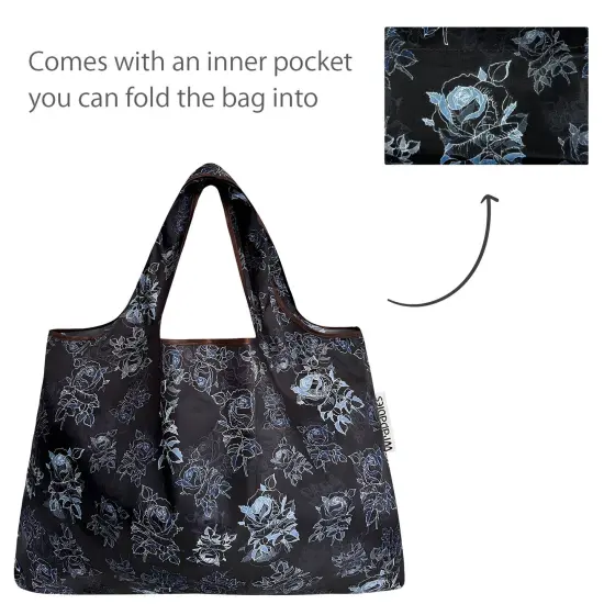Wrapables Large & Small Foldable Tote Nylon Reusable Grocery Bags, Set of 2 Black Rose Shadow {5}