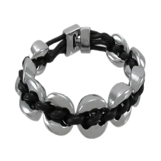 Black Leather And Chrome Marine Link Bracelet 7 Inch {1}