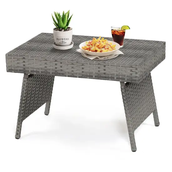 Costway Patio Folding Rattan Wicker Side Table End Coffee Table Portable Garden Mix Grey {2}