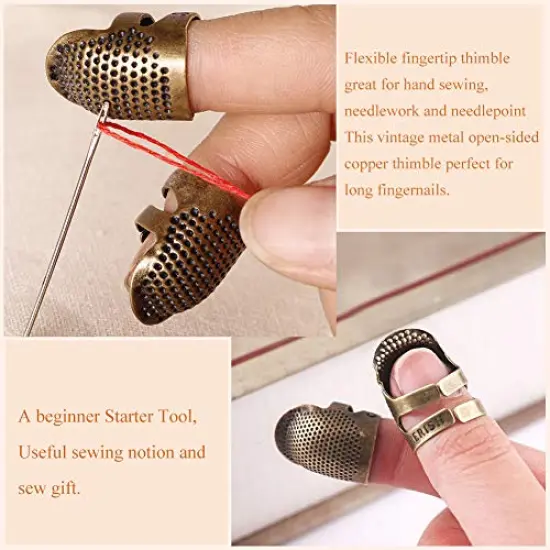 8 Pcs Sewing Thimble + 30 Pcs Sewing Needles, Finger Protector Fingertip Thimble Adjustable Metal Bronze Sewing Thimble Rings and Leather Coin Thimble for Needlework, Hand Embroidery Craft {5}