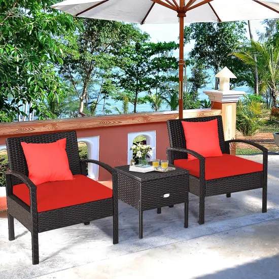 3 Piece PE Rattan Wicker Sofa Set with Washable and Removable Cushion for Patio Red {6}