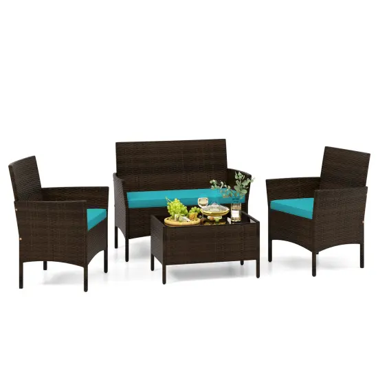4 Piece Patio Rattan Conversation Set With Cozy Seat Cushions Turquoise {4}
