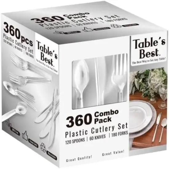 Clear Disposable Cutlery set - 360 Pieces: 180 Forks, 120 Spoons, 60 Knives {5}