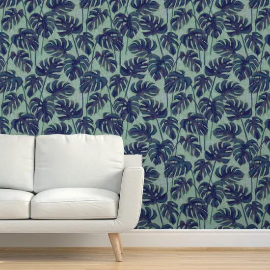 Pre-Pasted Wallpaper 2FT Wide Blue Palm Tropical Foliage Rainforest Summer Ink Green Houseplant Custom Pre-pasted Wallpaper by Spoonflower {5}