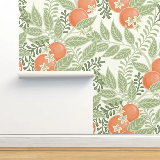 Pre-Pasted Wallpaper 2FT Wide Green Orange Fruit Citrus Garden Oranges Botanical Italy Grove Orchard Floral Large Scale Custom Pre-pasted Wallpaper by Spoonflower {2}
