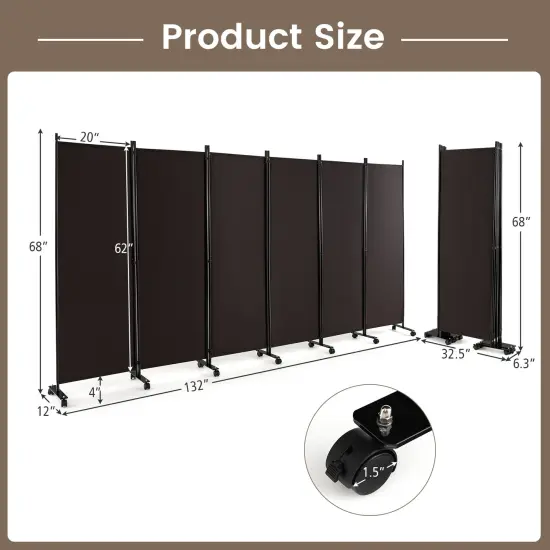 6 Panel 5.7 Feet Tall Rolling Room Divider on Wheels Brown {4}