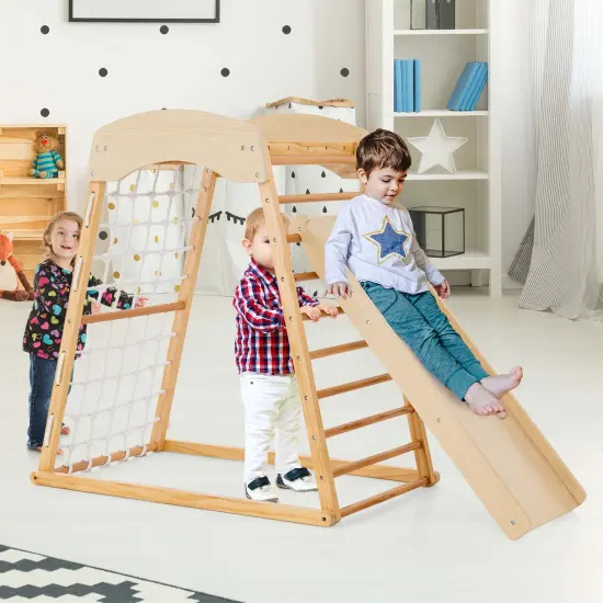 Costway 6-in-1 Wood Jungle Gym Montessori Climbing Play Set with Double-sided Ramp Colorful {4}
