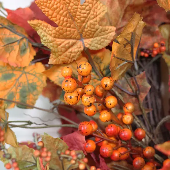 Northlight Gold Berries and Autumn Leaves Fall Harvest Artificial Twig Wreath - 22" - Unlit Orange {7}