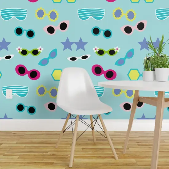Peel & Stick Wallpaper 2FT Wide Blue Retro Colorful Beach Groovy Pale Sunglasses Eyewear Sunny Summer Glasses Large Scale Custom Removable Wallpaper by Spoonflower {1}
