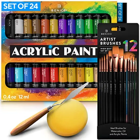Complete Acrylic Paint Set &ndash; 24х Rich Pigment Colors &ndash; 12x Art Brushes with Bonus Paint Art Knife & Sponge &ndash; for Painting Canvas, Clay, Ceramic & Crafts, Non-Toxic & Quick Dry &ndash; for Kids & Adults {4}
