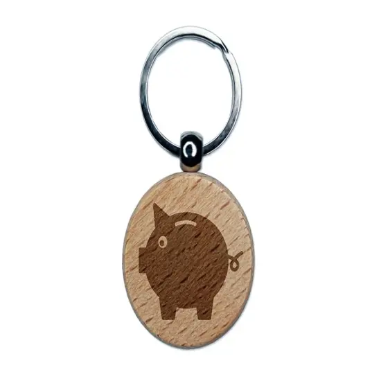 Piggy Bank Solid Engraved Wood Round Keychain Tag Charm {1}