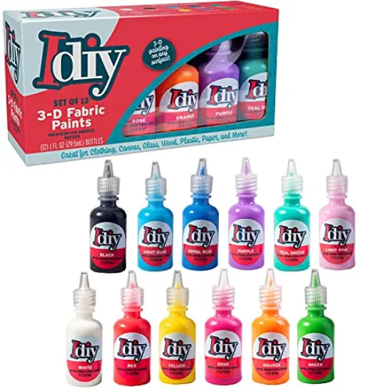 DIY Fabric Paints, Set of 12 Colors, (1oz bottles) Ultra Bright 3D Fabric Paint, Non-Toxic Water-Based and Permanent - Great Craft, Gift, Project - Decorate on Any Surface! {3}