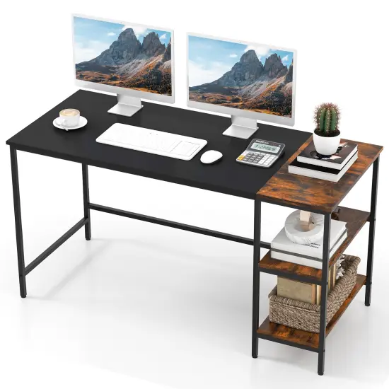 55" Modern Industrial Style Study Writing Desk with 2 Storage Shelves Black {4}
