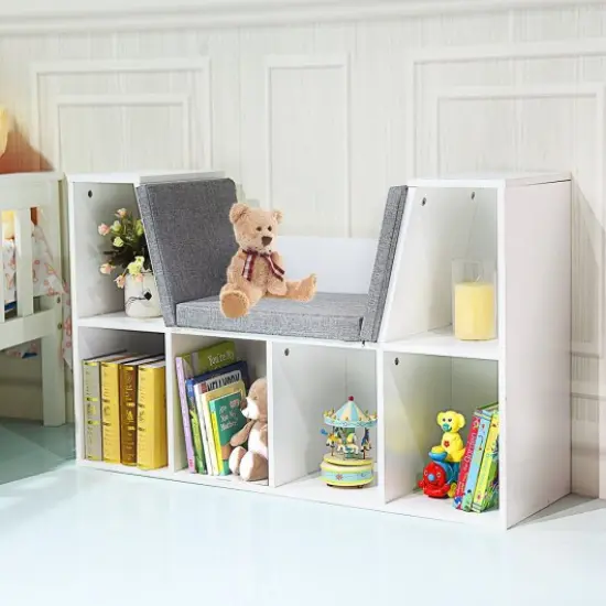 6-Cubby Kid Storage Bookcase Cushioned Reading Nook White {2}