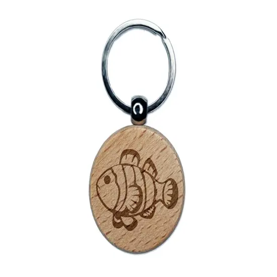 Striped Clownfish Engraved Wood Round Keychain Tag Charm {1}