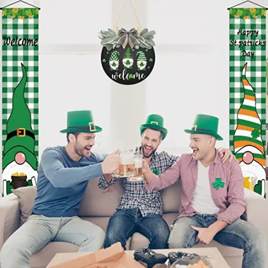 St Patrick's Day Welcome Sign Wreath For Front Door Decor Shamrock Hanging Door Sign Gnomes Pattern With Greenery & Bow Wooden Round St Patricks Day Decoration For The Home Farmhouse Decor 12x12 Inch {4}