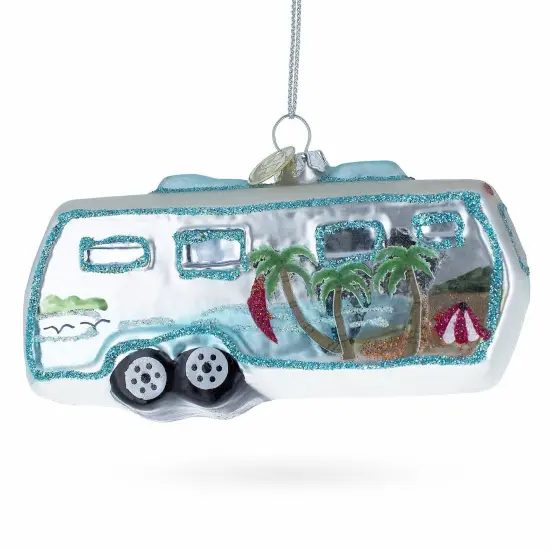 Silver Camper Trailer Glass Christmas Ornament {1}