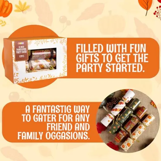 Thanksgiving Party Table Favor No Snap No Popping (12 Pack) with Party Hat, Joke & Gift Inside, Designed with Autumn Leaves, Pumpkin, Lettering for Fall Holiday, Thanksgiving Holiday Traditions {5}