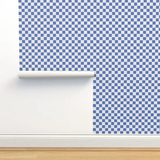 Peel & Stick Wallpaper 2FT Wide Blue Geometric Hand-Drawn Stamp Checkered Checks Block Print Medium Scale Race Rally Finish Flag Custom Removable Wallpaper by Spoonflower {2}