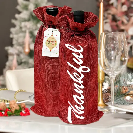 Wrapables Reusable Burlap Wine Bags, Rustic Gift Bags with Drawstring (Set of 8) Burgundy {5}
