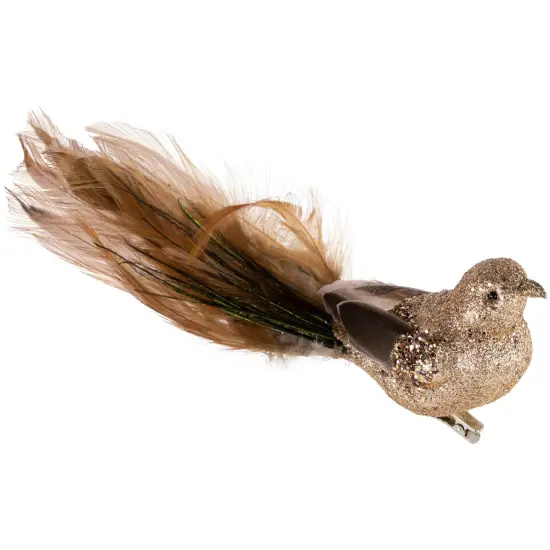 Northlight Glitter Bird with Feather Tail Clip On Christmas Ornament - 8" - Gold and Brown {1}