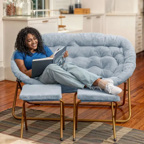 Emma and Oliver Janey Folding Double Saucer Chair with 2 Ottomans and Steel Frame for Dorm or Bedroom AquaFabric/SoftGold {6}