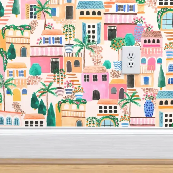 Pre-Pasted Wallpaper 2FT Wide Pink Lake Seaside Palm Trees Houses Garden Tropical Italian Hand Painted Villa Adventure Plants Medium Scale Custom Pre-pasted Wallpaper by Spoonflower {4}