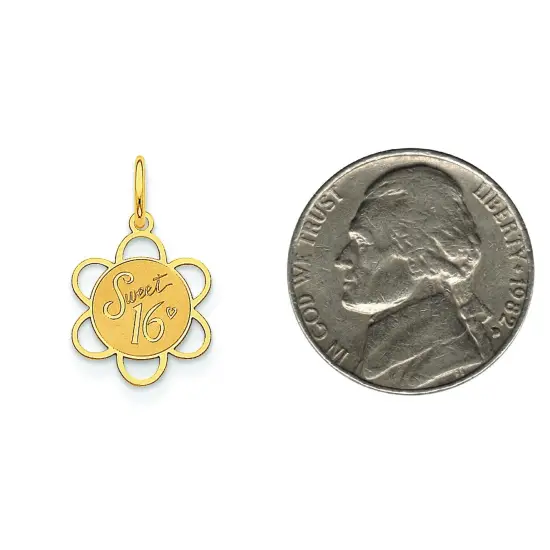 14K Yellow Gold Sweet Sixteen Disc Charm Pendant Jewerly 21mm x 18mm {2}