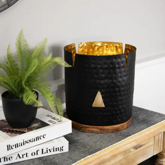 Northlight Iron and Pillar Candle Holder with Wood Base - 11.75" - Antique Black and Copper Foil {3}