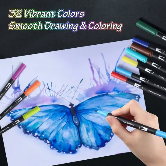 32 Colored Pens Fine Point Highlighter Pen & Brush for Adult Kids Coloring Journaling Note Taking Planner {5}