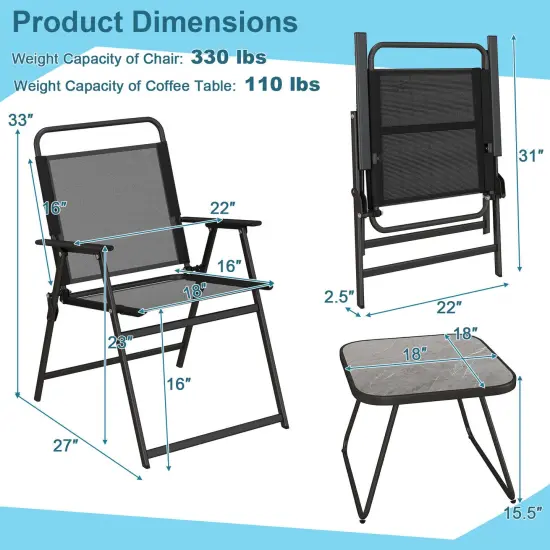 3 Pieces Patio Folding Conversation Chairs and Table-Black {5}