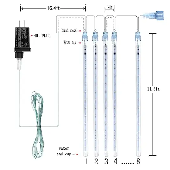 Kwaiffeo Christmas Lights Outdoor, Meteor Shower Lights Falling Rain Lights 12 inch 8 Tube 192 LED Snow Falling Icicle Cascading Lights for Xmas Tree Halloween Decoration Wedding Party, UL Plug, White {5}