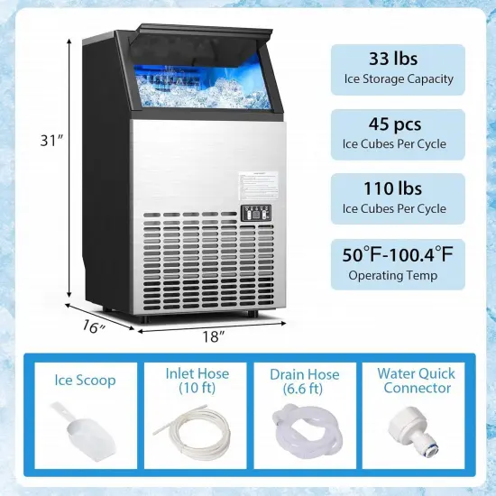 Costway Built-In Stainless Steel Commercial 110Lbs/24H Ice Maker Portable Ice Machine {3}