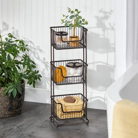 mDesign Tall Standing Bathroom Shelf Holder Rack - 3 Metal Wire Baskets {2}