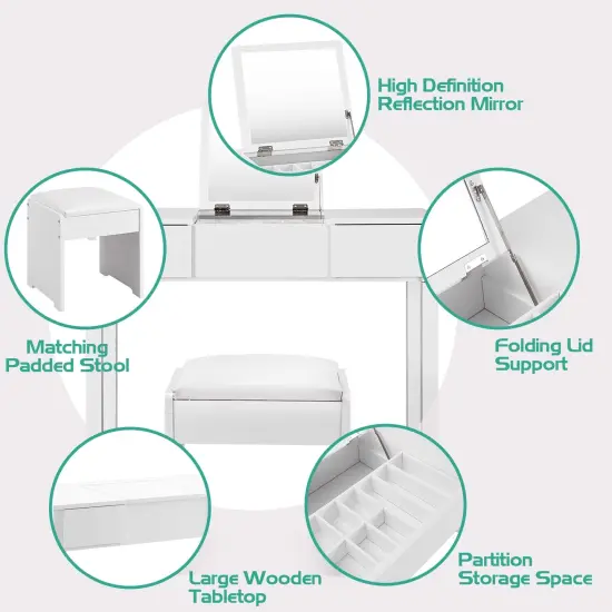Vanity Makeup Dressing Table Set with Flip Top Mirror and Cushioned Stool White {5}
