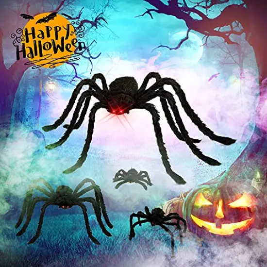 HOPOCO Halloween Plush Spiders Set (6 pcs Red Eyes Spider (47",35",30",24'',20",12") Sizes, Scary Fake Spider for Indoor Outdoor Halloween Decor for Home Party Yard Haunted House Decorations {6}