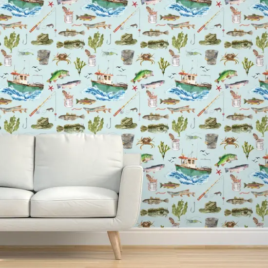 Pre-Pasted Wallpaper 2FT Wide Watercolor Adventure Fish Boat Nautical Light Blue Custom Pre-pasted Wallpaper by Spoonflower {5}