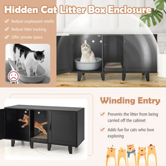 2-Door Cat Litter Box Enclosure with Winding Entry and Scratching Board-Black {5}