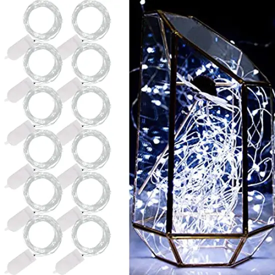 12 Pack Fairy Lights Battery Operated (Included), 6.5ft 20 LED Mini String Lights, Waterproof Silver Wire Firefly Starry Lights for DIY Wedding Christmas Party Mason Jars Decor, Cool White {1}