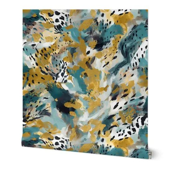 Peel & Stick Wallpaper 2FT Wide Animal Print Watercolor Jungle Nature Teal Gold Custom Removable Wallpaper by Spoonflower {7}