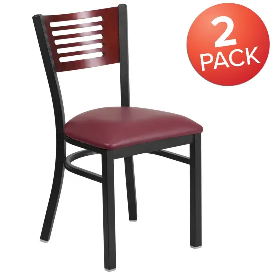 Emma and Oliver 2 Pack Decorative Slat Back Metal Restaurant Chair Mahog/BurgVYL/Black {5}