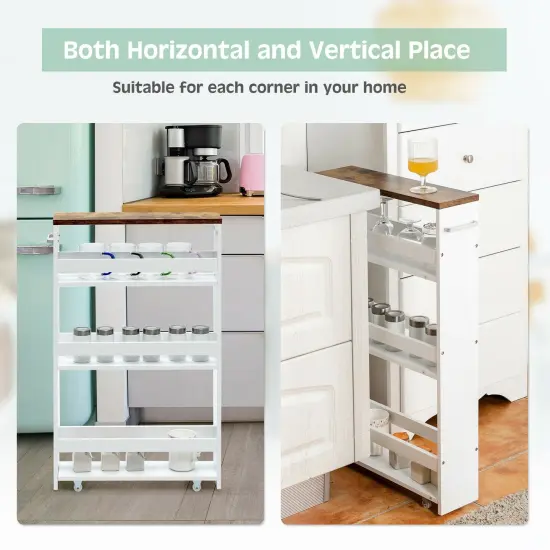 4 Tiers Rolling Slim Storage Kitchen Organizer Cart with Handle-White {6}