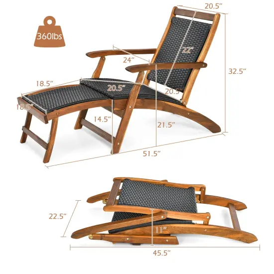 Patio Folding Rattan Lounge Chair Wooden Frame with Retractable Footrest {6}