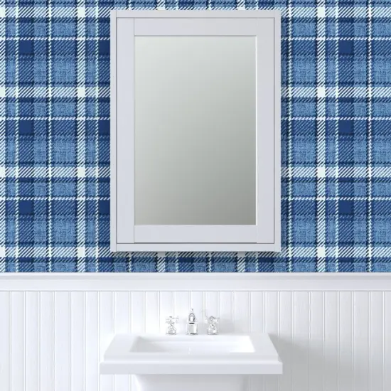 Pre-Pasted Wallpaper 2FT Wide Monochrome Plaid Blue Farmhouse Custom Pre-pasted Wallpaper by Spoonflower {6}