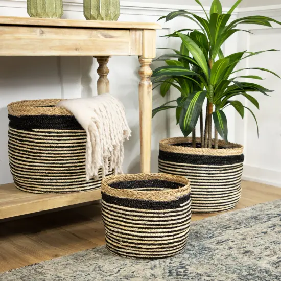 Northlight Set of 3 Tan and Black Striped Seagrass Storage Baskets with Braided Trim 17" Brown {3}