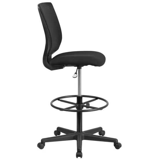 Emma and Oliver Ergonomic Mid-Back Mesh Drafting Chair with Fabric Seat and Adjustable Foot Ring Black {5}