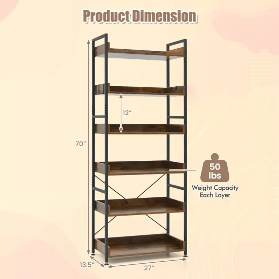 6-tier Tall Industrial Bookcase With Open Shelves And 4 Hooks {5}