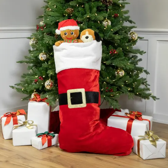 Northlight Velveteen Santa Claus Belt Buckle Commercial Christmas Stocking - 48" - Red and White {4}