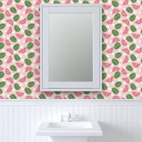 Pre-Pasted Wallpaper 2FT Wide Pink Fruit Summer Daisy Watermelons Small Scale Garden Picnic Floral Custom Pre-pasted Wallpaper by Spoonflower {6}
