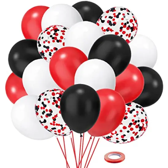 50 Pack 12 Inch Red and Black Latex Balloons - Black, White, and Red Confetti Balloons with Ribbons for Birthday, Graduation, Wedding, Bridal Shower, and Party Decorations {3}